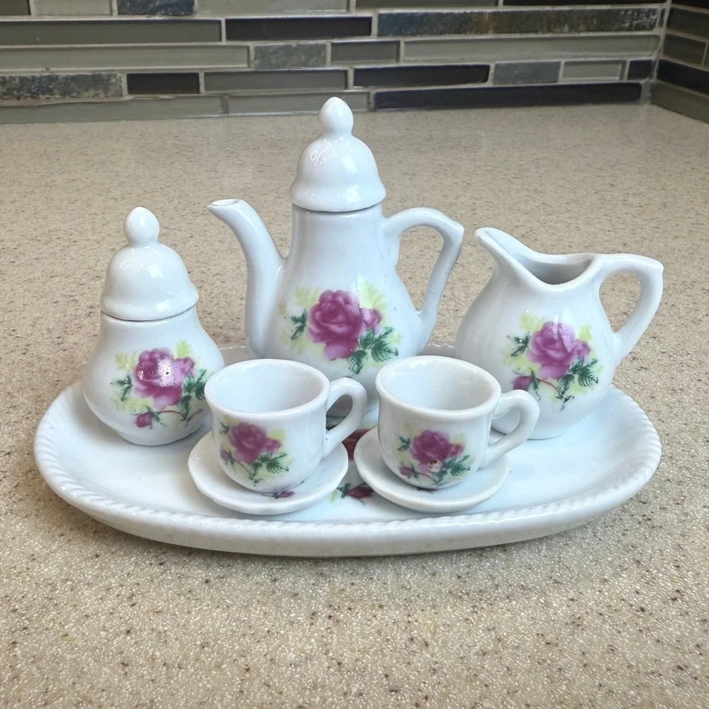 VTG Royal Norfolk Miniature Tea Set 10pc Porcelain Rose‎ Floral Dollhouse Decor